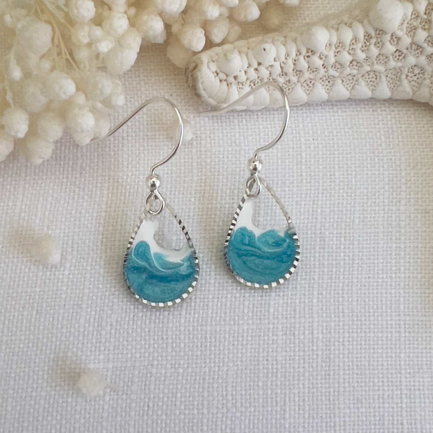 Dainty ocean wave teardrop earrings silver