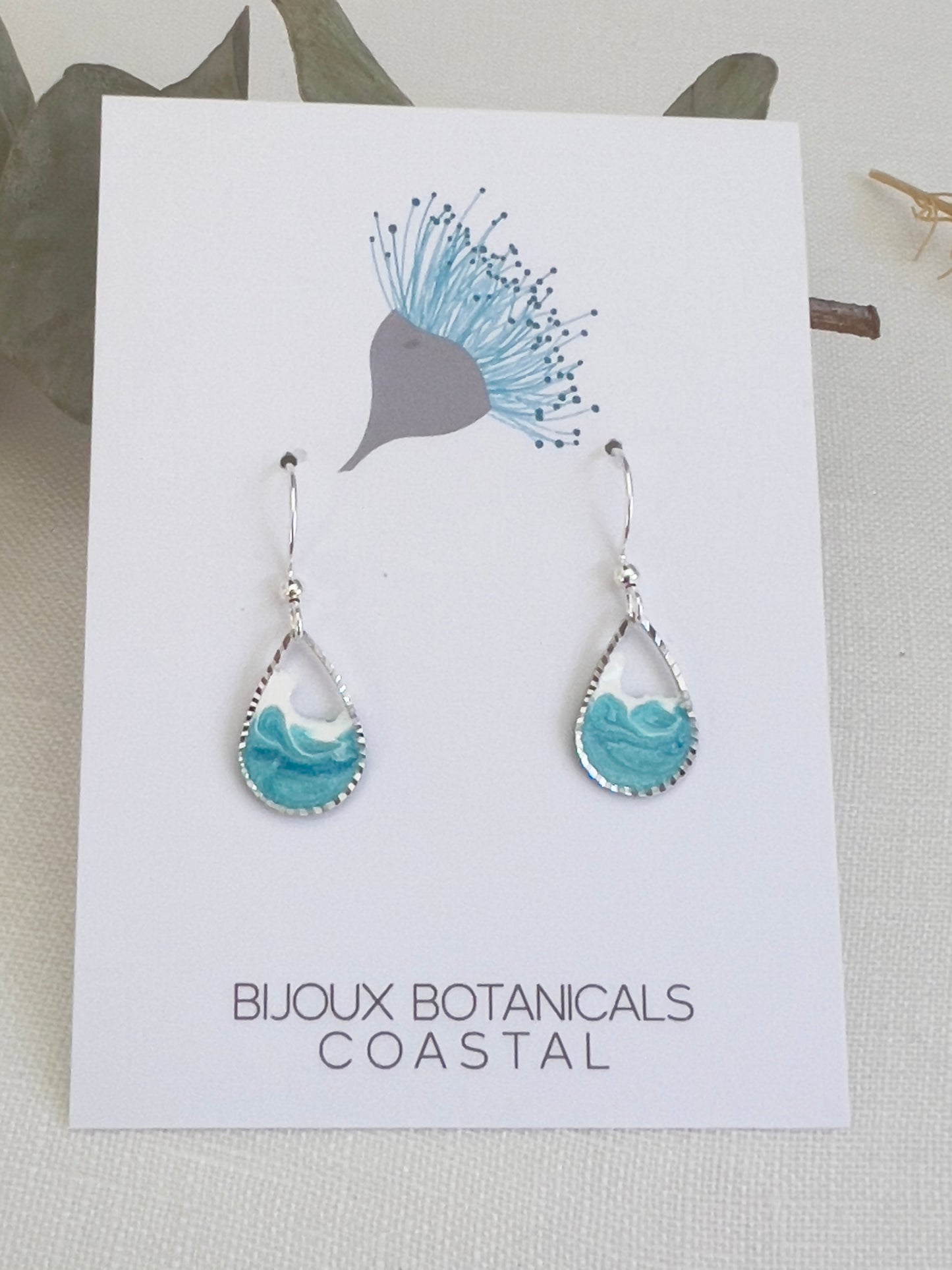 Dainty ocean wave teardrop earrings silver