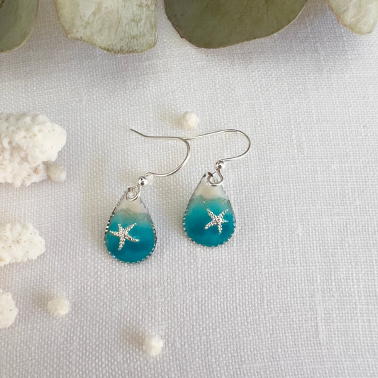 Dainty silver ocean teardrop earrings