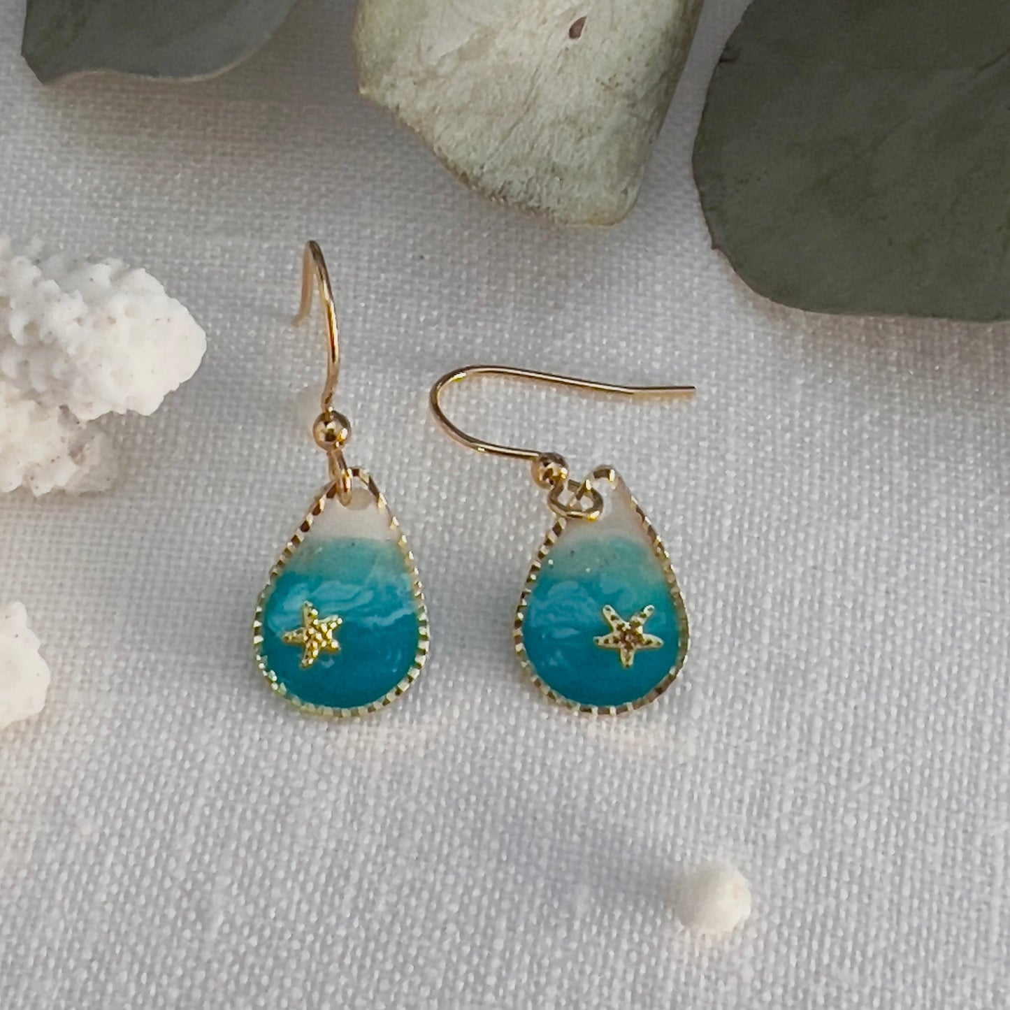 Dainty gold ocean teardrop earrings