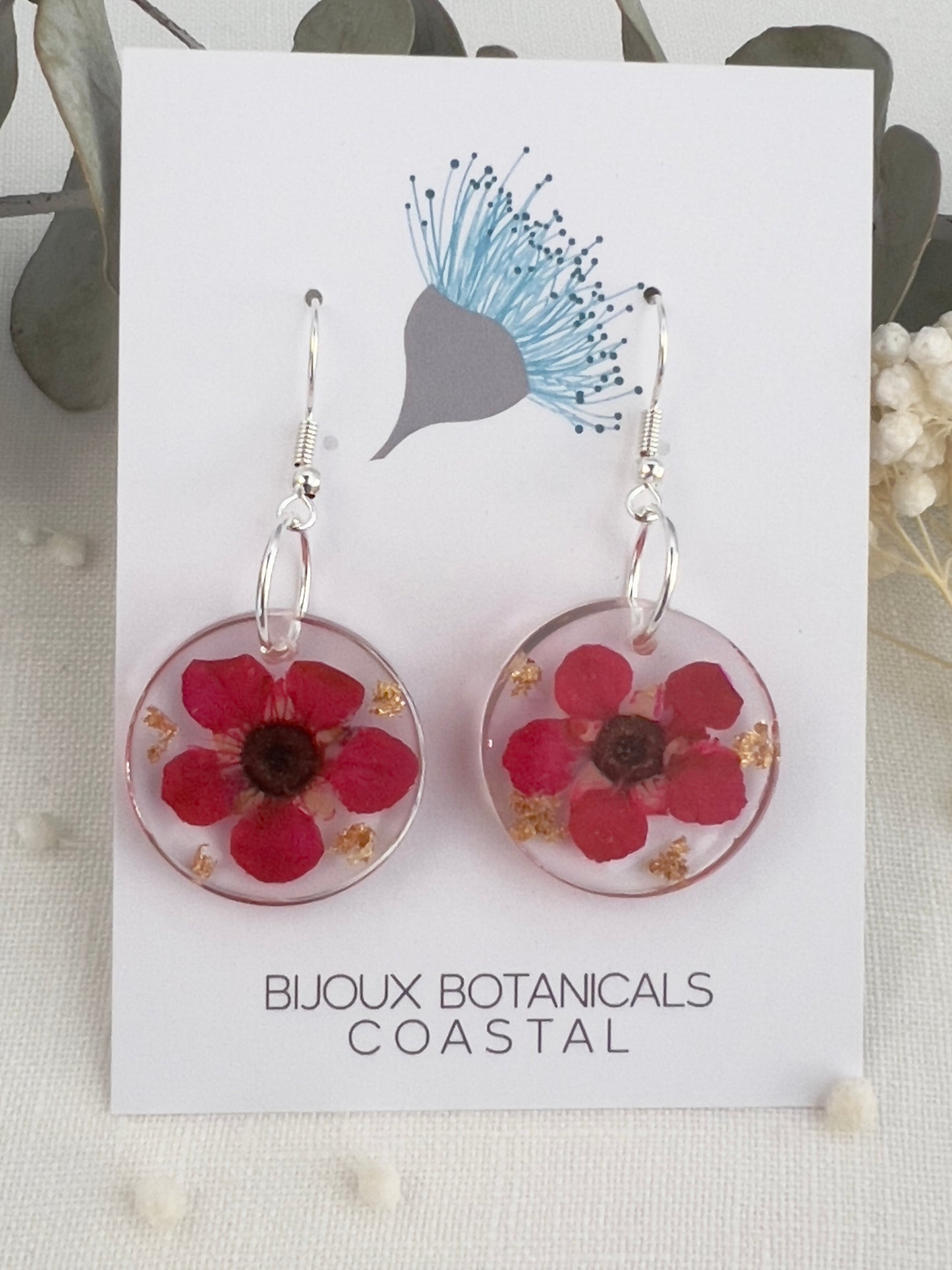 Coastal tea tree flower round earrings