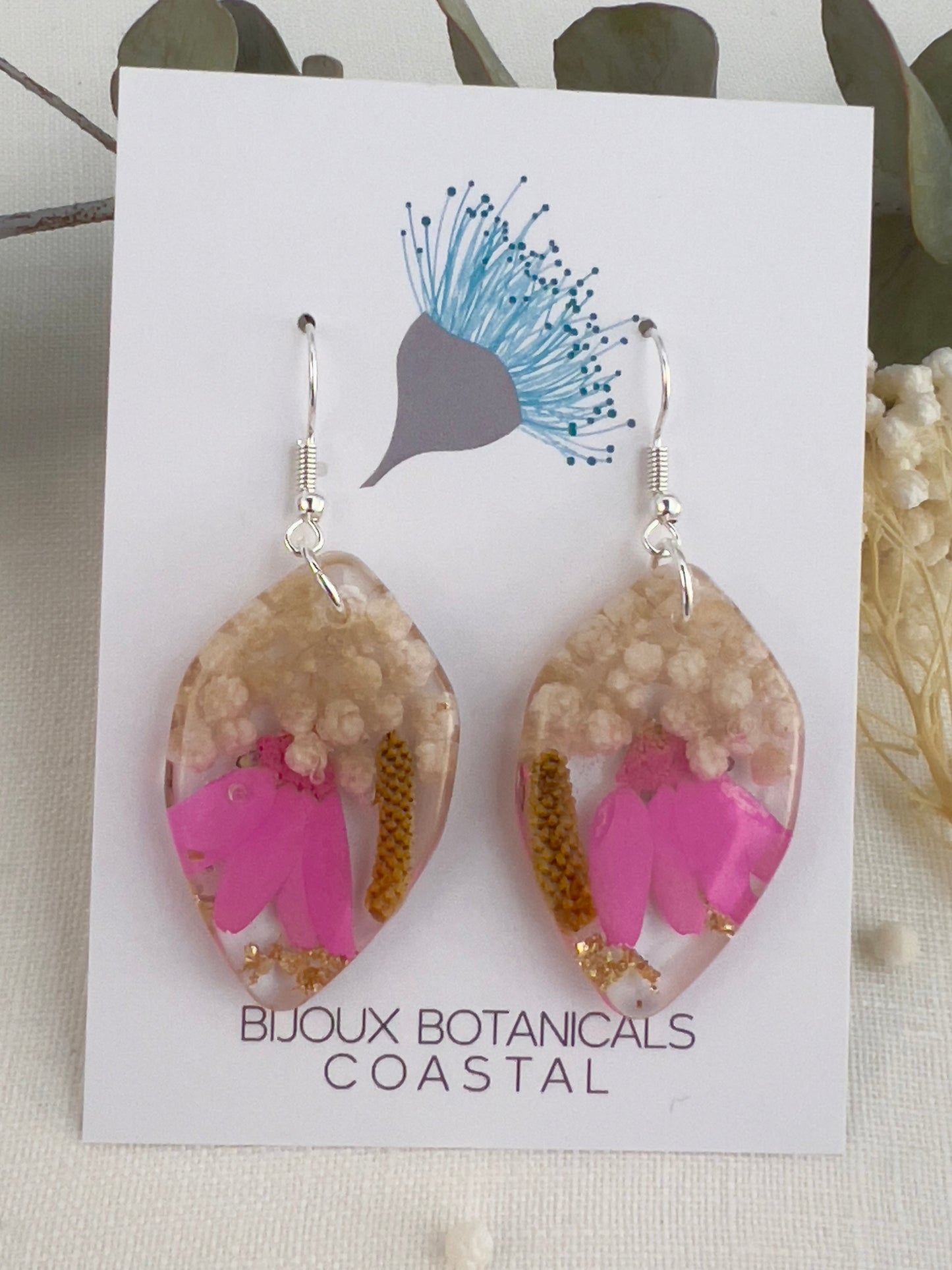 Vibrant fuscia floral silver earrings