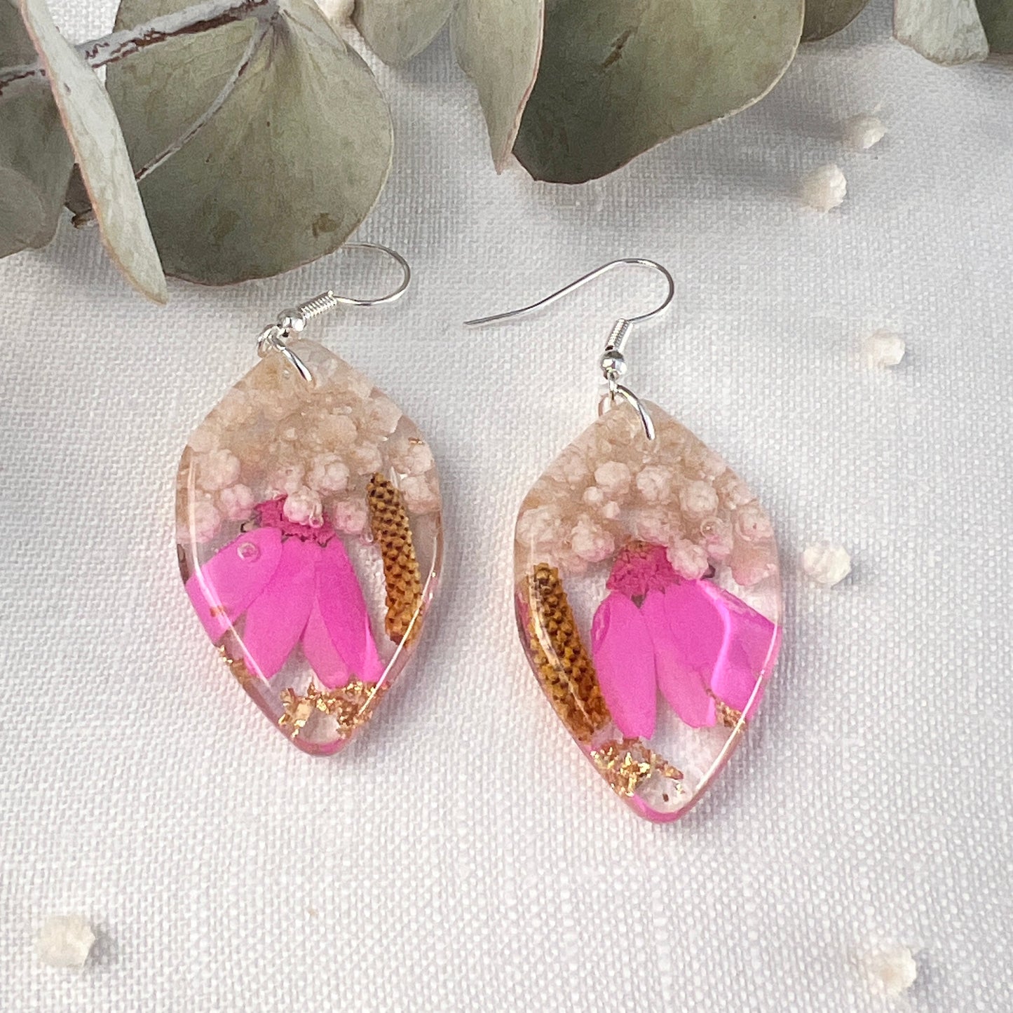 Vibrant fuscia floral silver earrings