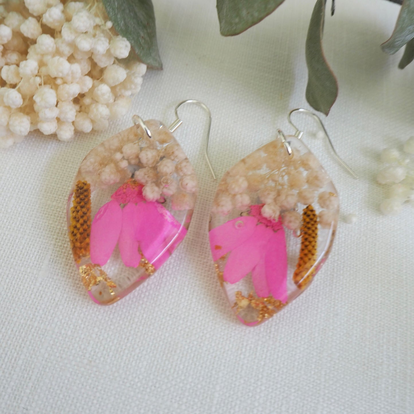 Vibrant fuscia floral silver earrings