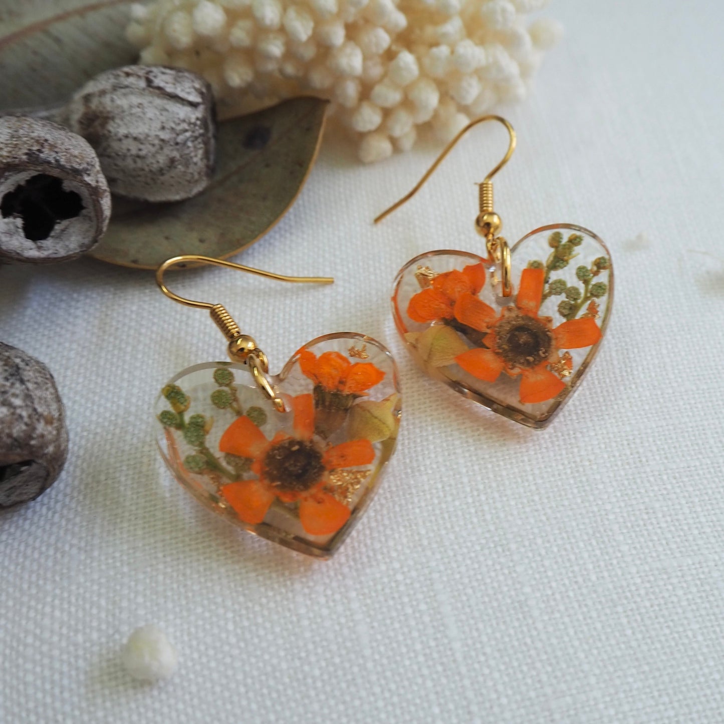 Wax flower heart earrings