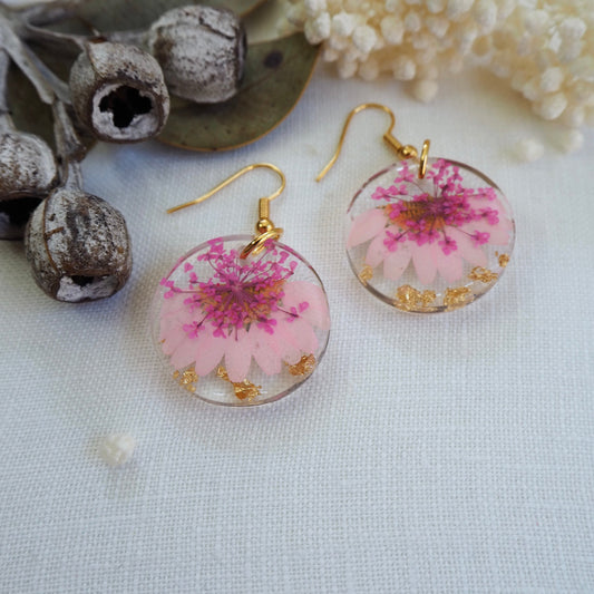 Pink floral round earrings