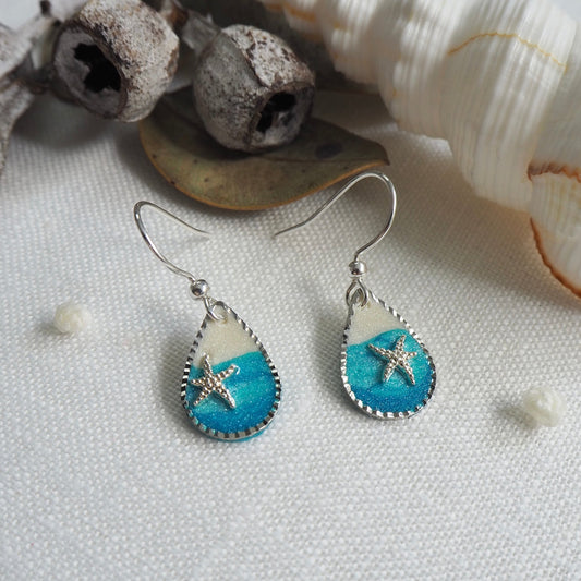 Dainty silver ocean teardrop earrings